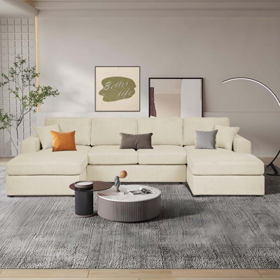 U-Shaped Sectional Sofa Symmetrical Beige Corduroy Low Profile