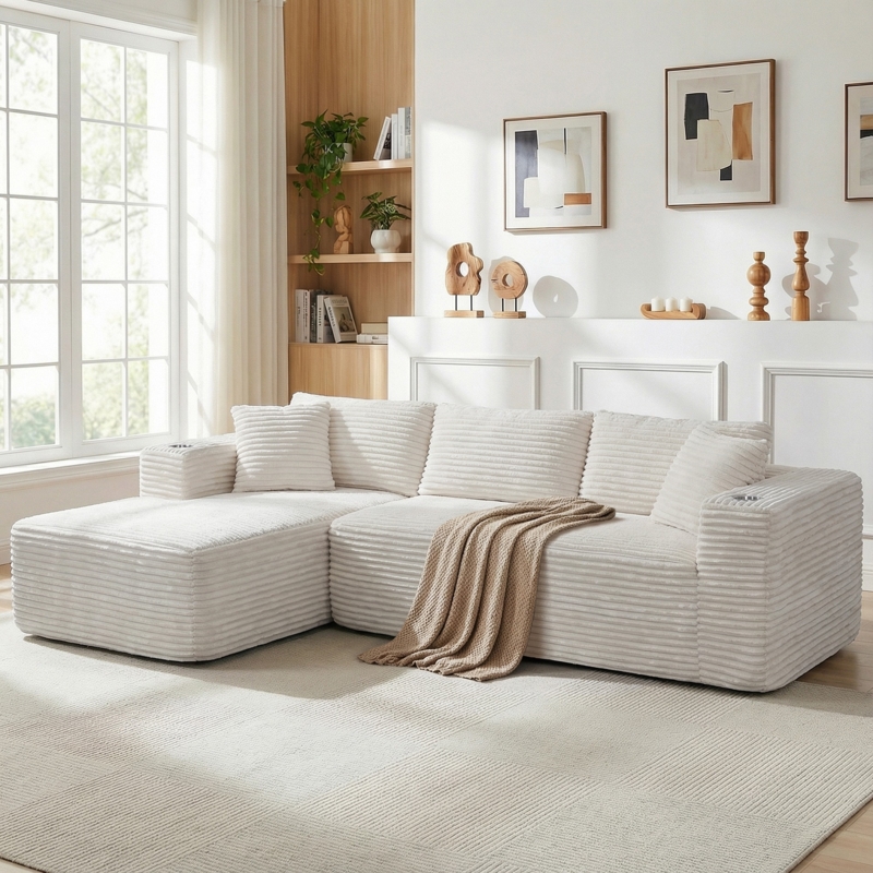 U-Shaped Sectional Sofa with Cup Holders, Forest Green Ribbed