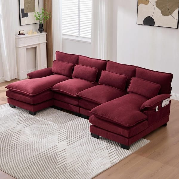U-Shaped Sectional Sofa with Double Chaise in Claret Red Chenille