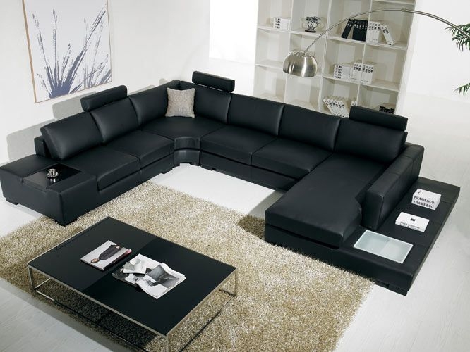 U-Shaped Sectional Sofa with Integrated LED Lighting and Console Shelf