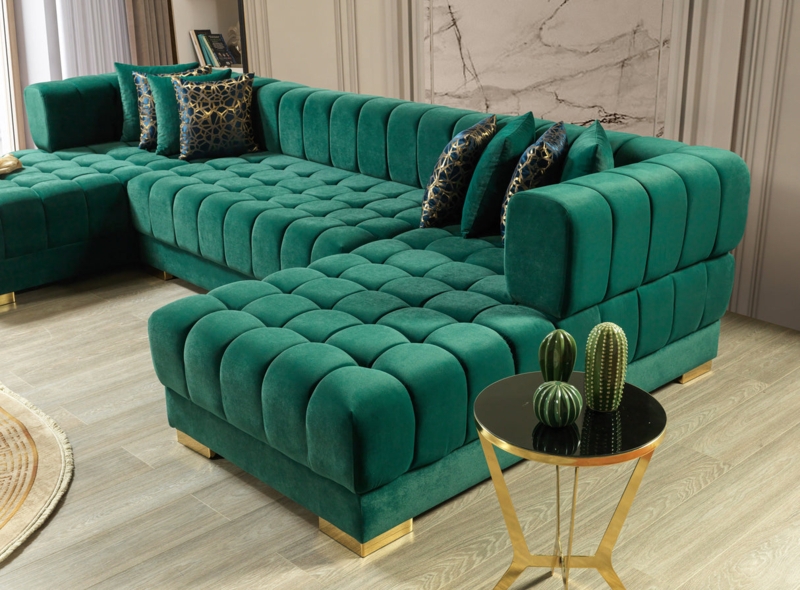 U-Shaped Sectional Velvet Channel Tufted Double Chaise Glam Style