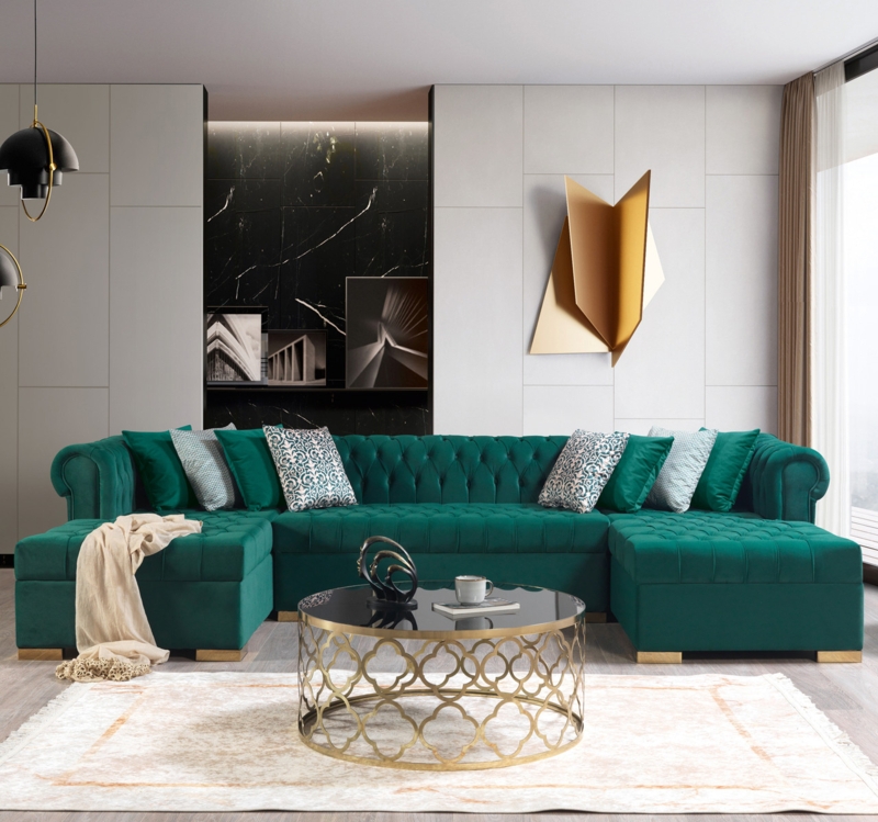 U-Shaped Sectional Velvet Double Chaise Track Arms Low Profile Luxe