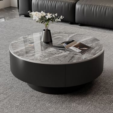 Ultra Low Coffee Table, Thick Circular Wood Top, Contrasting Pedestal Base