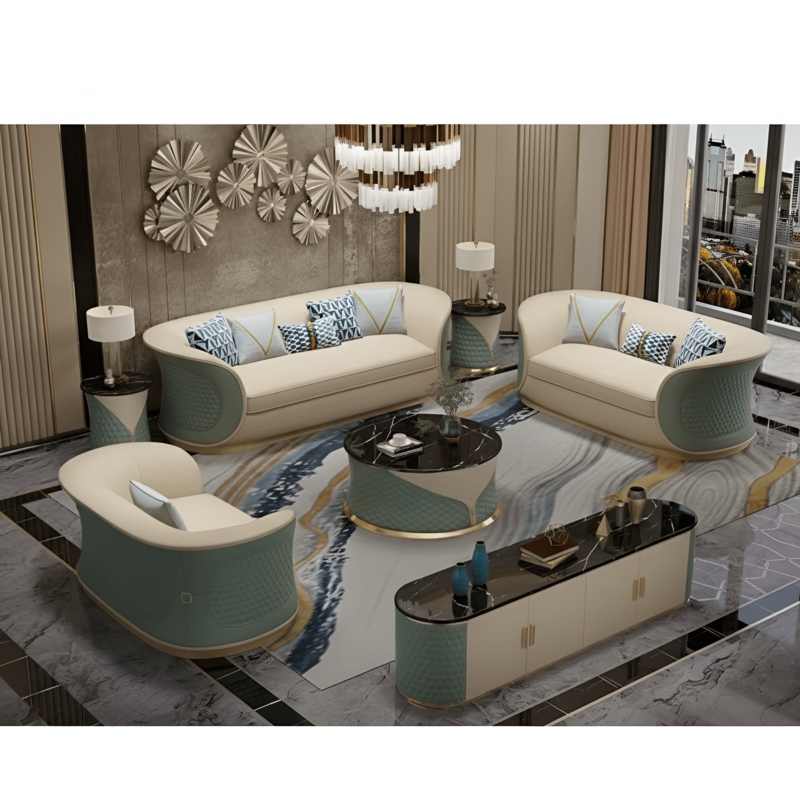 Ultra-Modern Low Profile Channel Tufted Sofa Set in Cream