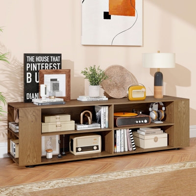 Unfinished Wood TV Stand with Arched Mesh Cabinet Doors