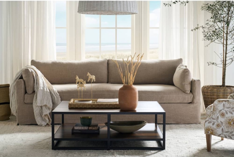 Upholstered Bench In Off-White Featuring 100 Inch Length Slipcover.