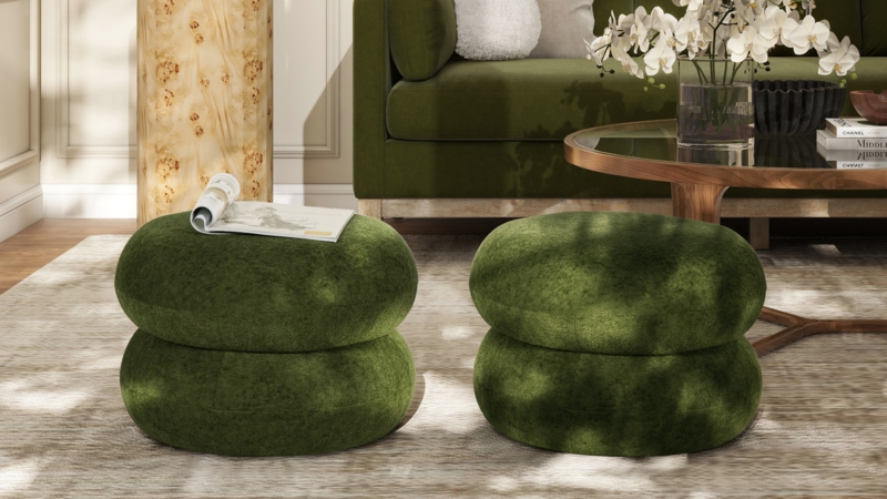 Upholstered Ottoman Dark Green Velvet Channel Stitching Gold Base