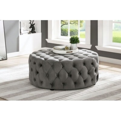 Upholstered Ottoman Gray Velvet Diamond Tufted Round, Elegant Pouf
