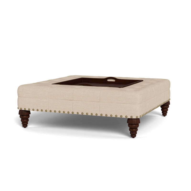 Upholstered Ottoman Square Cream with Tailored Dressmaker Skirt