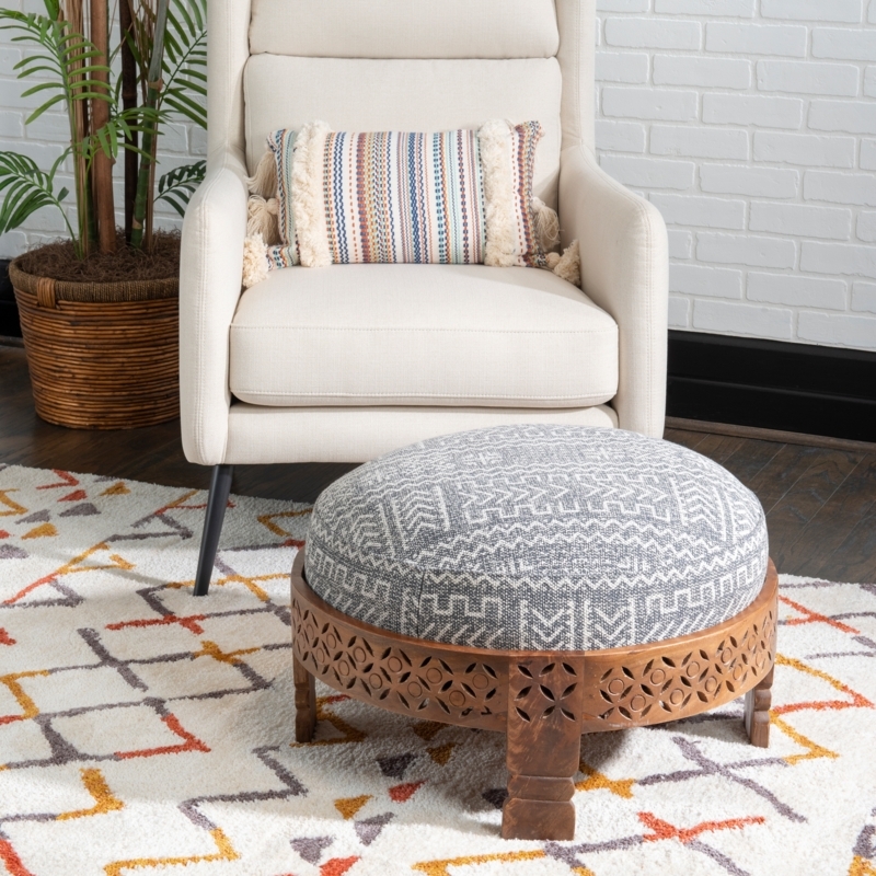 Upholstered Ottoman Square Grey Geometric X-Frame Base Tassels