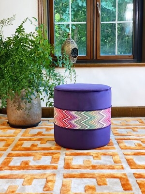 Upholstered Ottoman Square Low Profile Button Tufted Purple Fabric Modular