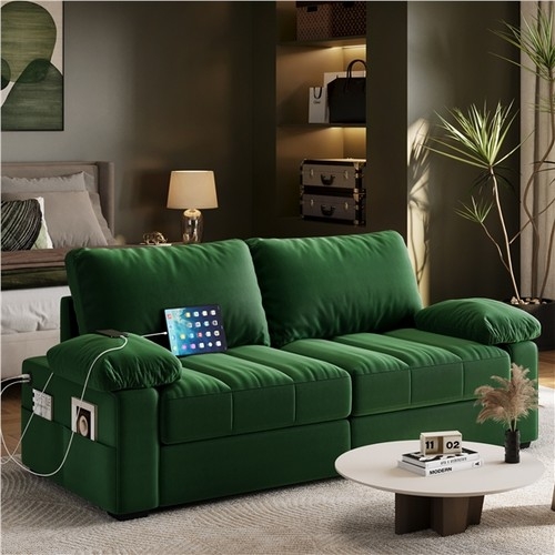 Upholstered Sofa Navy Blue Velvet Like Pillow Top Arms USB Charging Ports