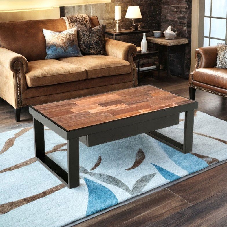 Urban Rustic Coffee Table with Black Metal Frame and Drawers