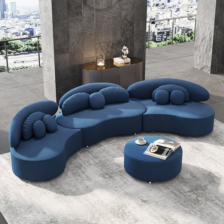 Velvet 4-Piece Sectional, Blue Modular Sofa with Ottoman for Large Living  Room (145.7")Homary