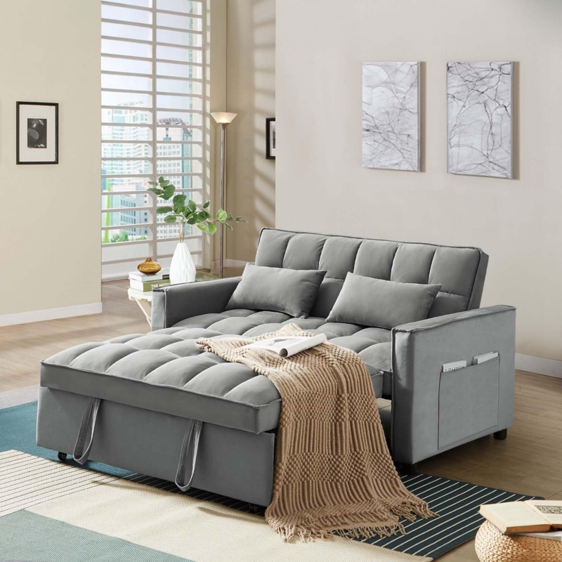 Velvet Convertible Sleeper Sofa 3-In-1 Pull Out Chaise Tufted