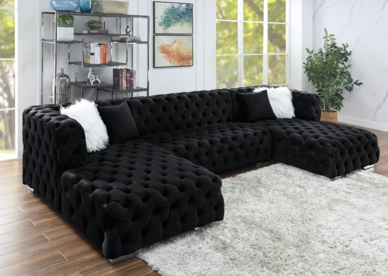 Velvet-Like L-Shaped Sectional Sofa with Polished Metal Bracket Legs