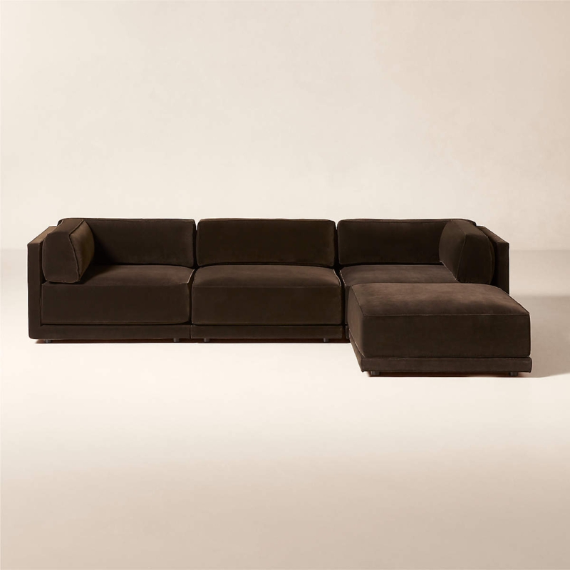 Velvet Modular Sectional Low-Slung Dark Brown Contemporary