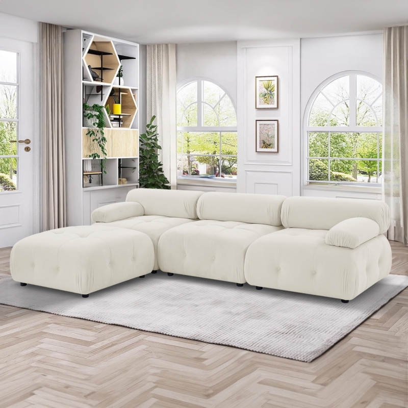 Velvet Modular Sectional Sofa Beige with Ottoman Pillow Top Arms