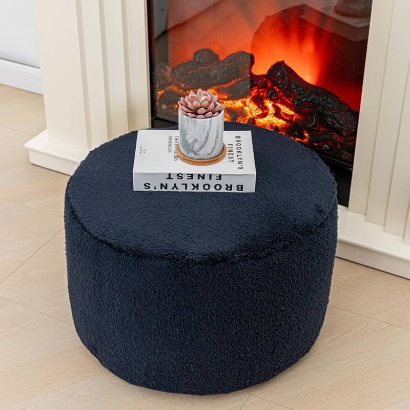 Velvet Pouf Ottoman Round with Circular Handle for Floor Seating