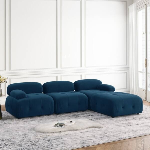 Velvet Sectional Sofa Navy Blue Button Tufted with Pillow Top Arms