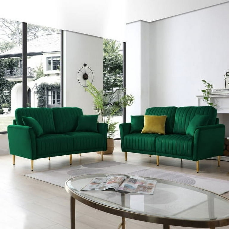 Velvet Sofa Set,2 Piece Modern 2 seat Sofas Set with Removable Cushions and  Free throw pillows,Furniture Sofa Set for Home, Office, Apartment, Green - 
