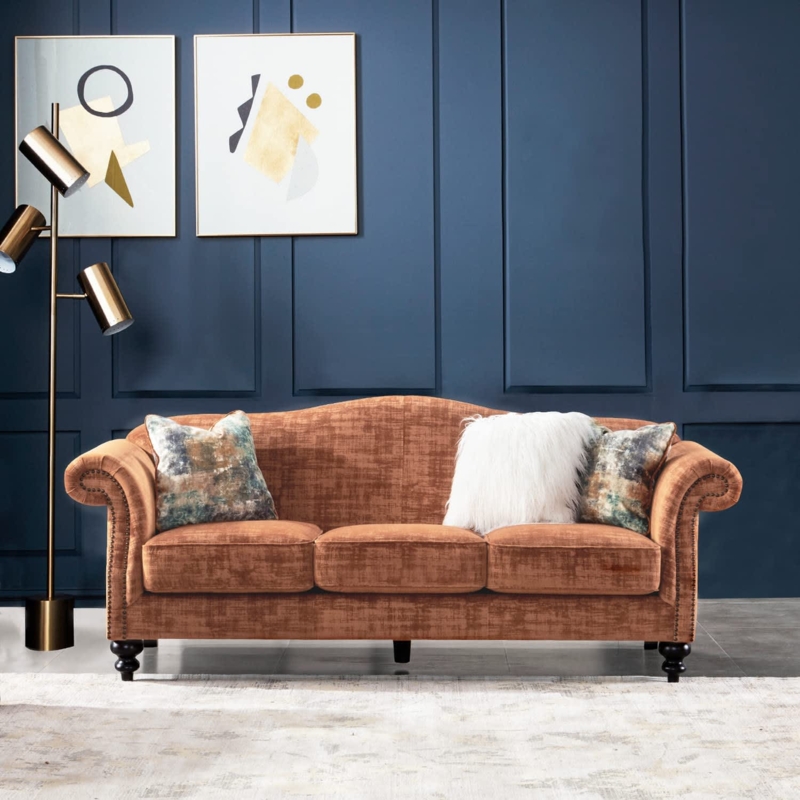 Velvet Sofa with Gold Tipped Legs Emerald Green Camelback Glam Style