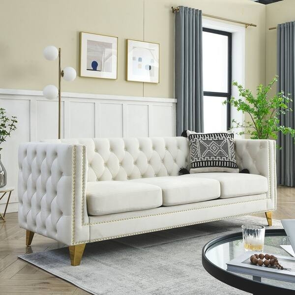 Velvet Tufted Sofa Seating with Nailhead Trim & Bolster Pillows