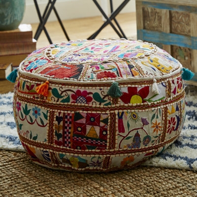 Vibrant Floral Print Drum Pouf Dark Floral Nursery Ottoman