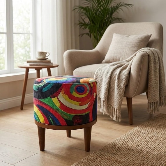 Vibrant Multicolor Round Ottoman Tapered Wood Leg Accent Stool