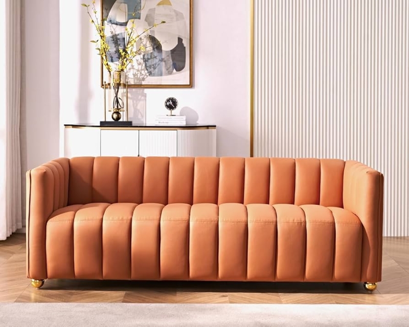 Vibrant Orange Curved Sofa Channel Tufted Gold Legs Art Deco