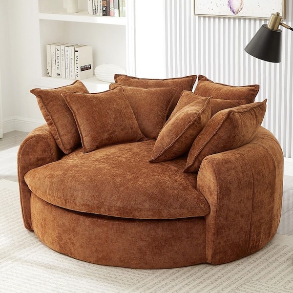 Vibrant Orange Round Chaise Lounge, Chenille Fabric, Eight Pillows