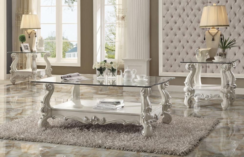 Victorian Coffee Table in Bone White Finish with Glass Inset Top