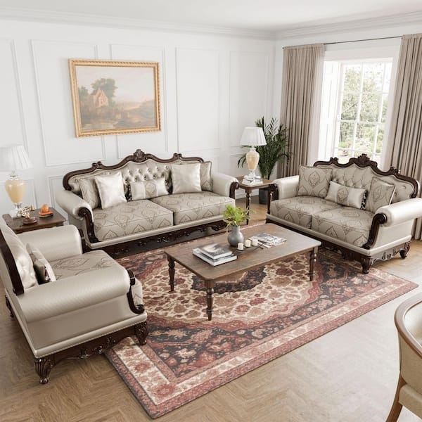 Victorian Inspired Living Room Set Dark Cherry Finish Beige Tufted Carved
