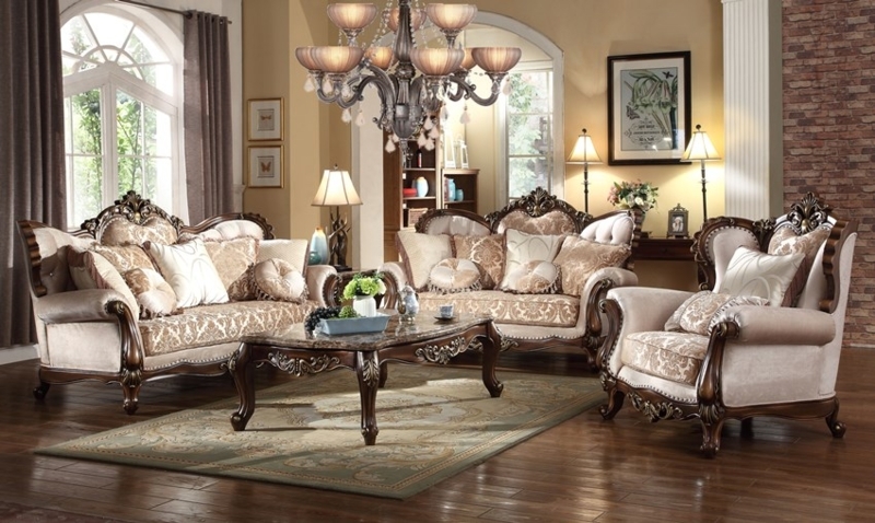 Victorian Living Room Set Cream Carved Wood Diamond Tufted
