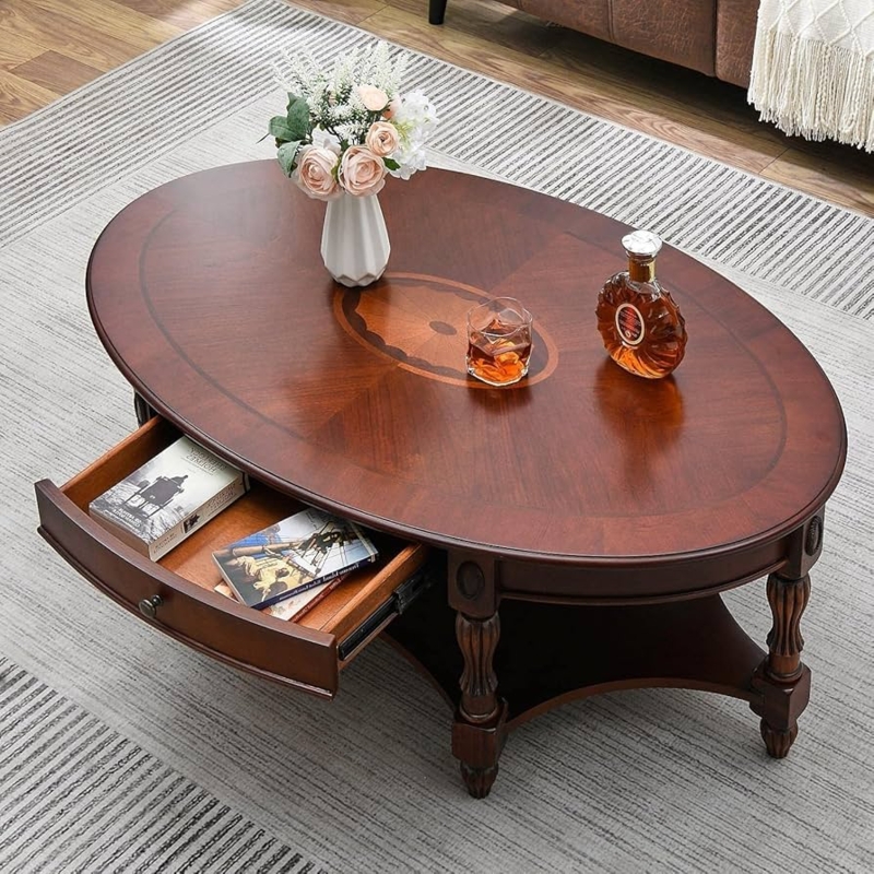 Victorian Style Oval Coffee Table with Storage Drawer