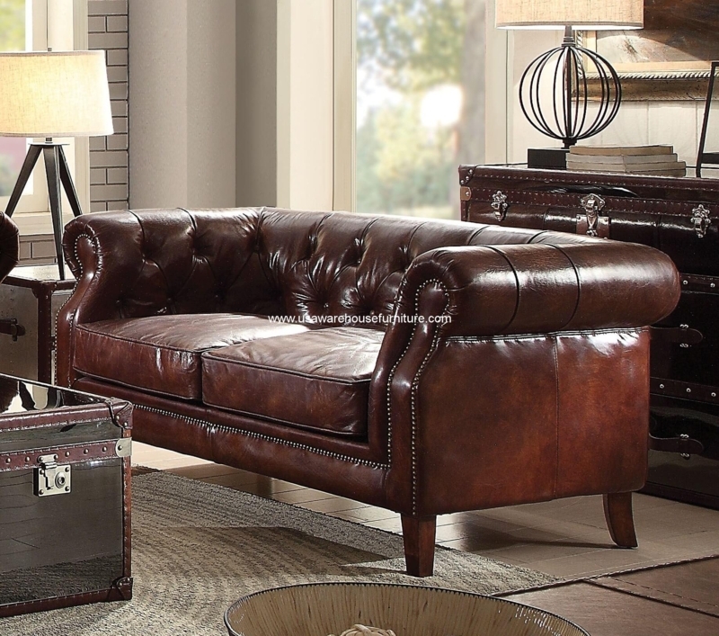 Vintage Brown Loveseat, Button Tufted, Nailhead Trim, Chesterfield Style