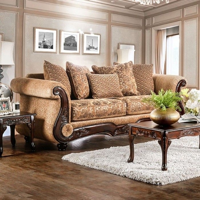 Vintage Couch Botanical Tapestry Ornate Wood Trim Sleigh Style Arms