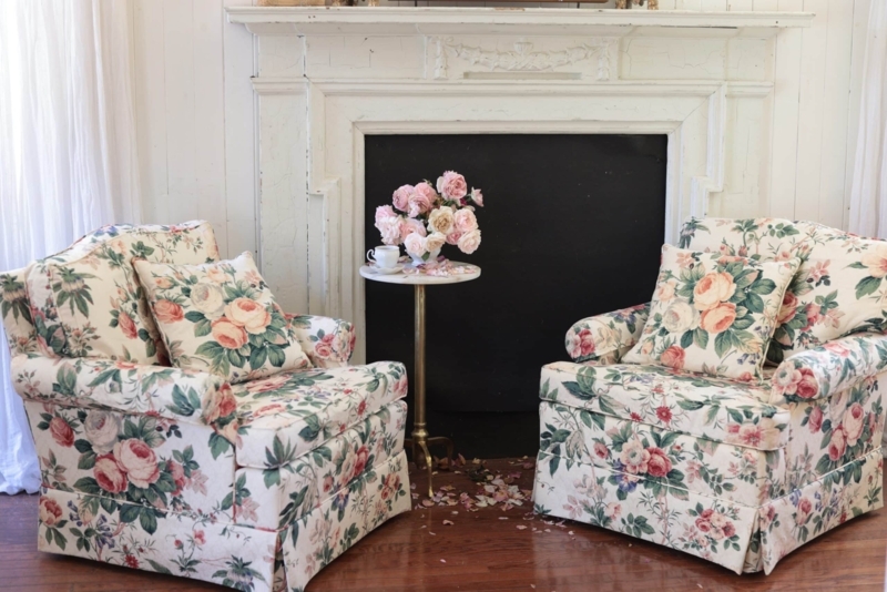 Vintage Floral Accent Chair, Wingback Silhouette, French Country Style