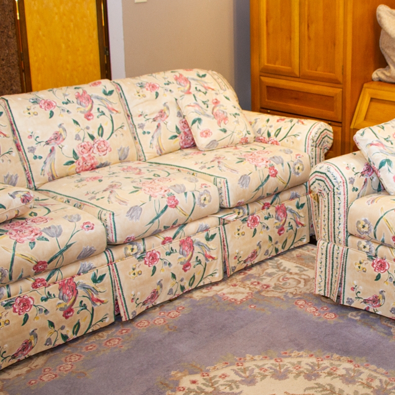 Vintage Floral Camelback Sofa with Pleated Rolled Arms and Skirted Base