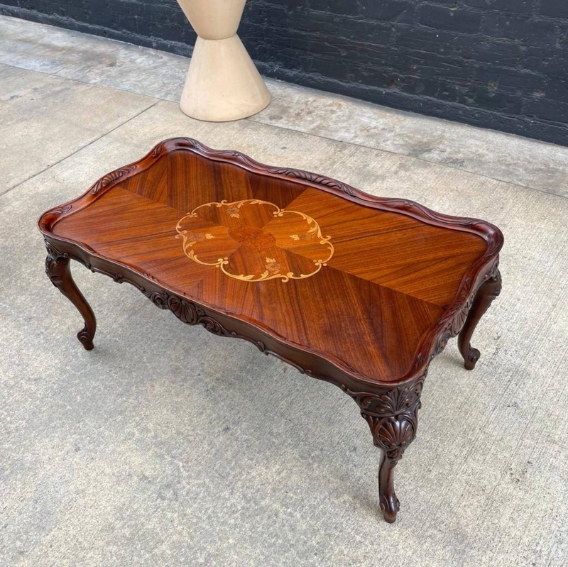 Vintage Round Coffee Table with Marquetry Inlay and Brass Feet