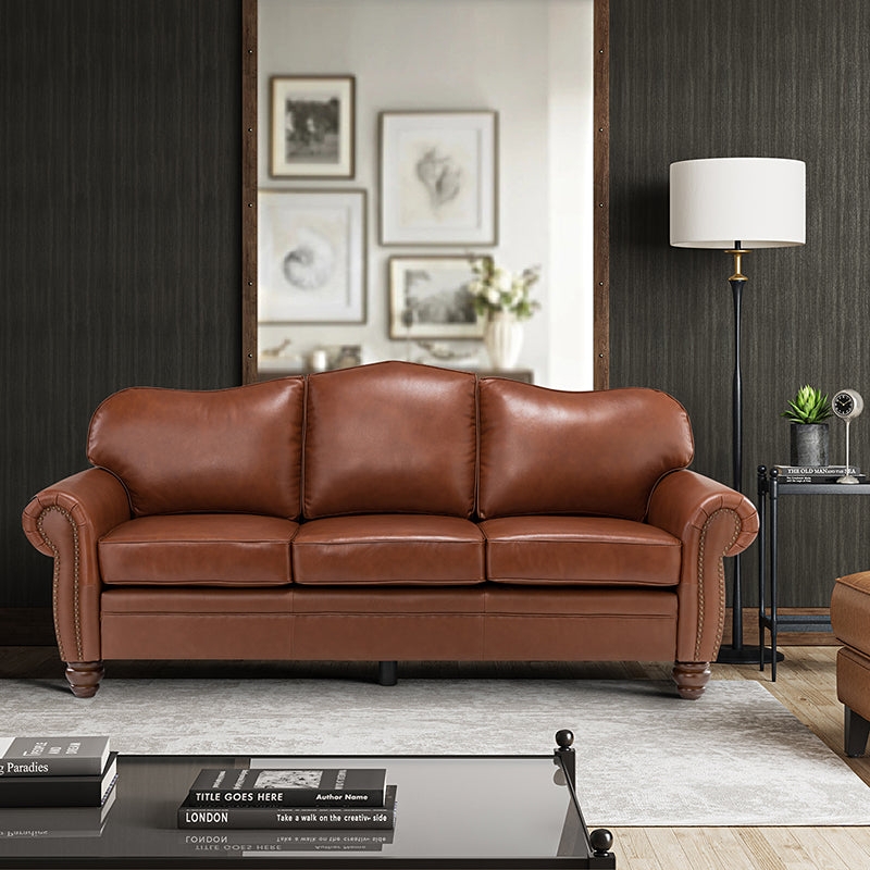 Vintage-Style Brown Leather Sofa with Button Tufting and Gold Accents