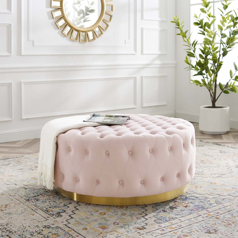 Waisted Velvet Ottoman with Polished Gold Base Ring