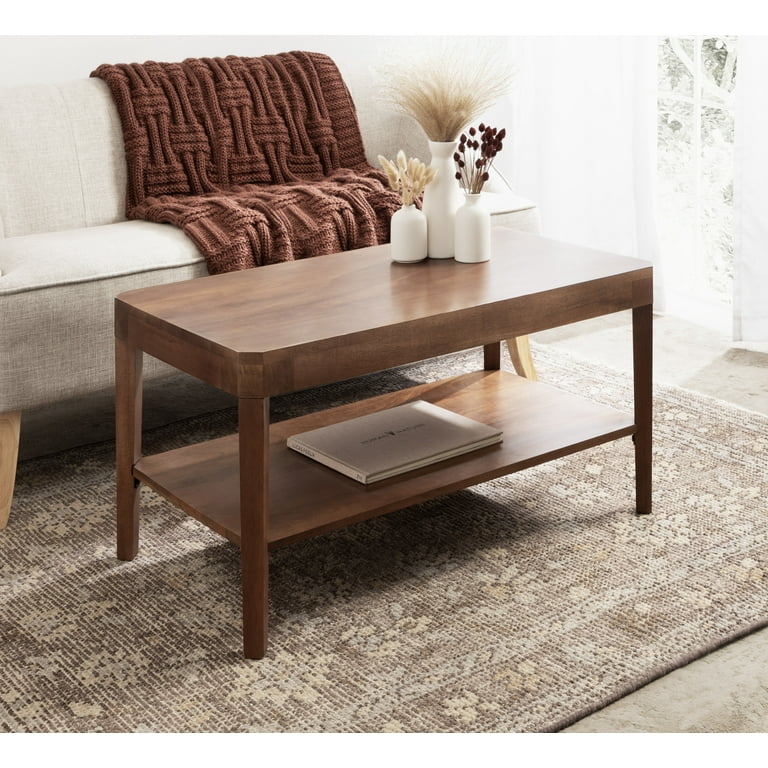 Walnut Brown Coffee Table, Two-Tier Storage, Straight Legs, Transitional