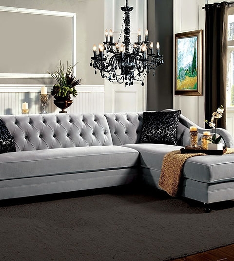 Warm Gray Velvet Sectional Sofa Button Tufted Tuxedo Silhouette