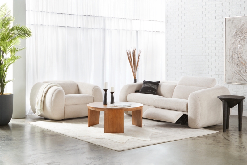 Warm Minimalist Living Room Low-Profile Ivory Sofa Stone Table
