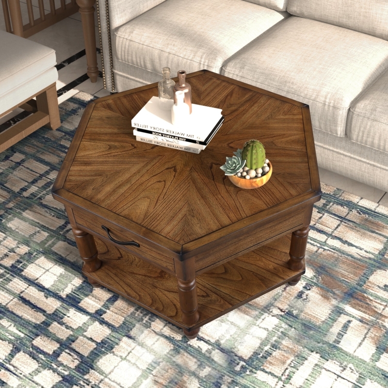 Warm Wood Mid-Century Hexagonal Coffee Table, Two-Tier Spindle Shelf
