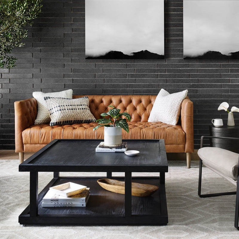Washed Leather-Like Button Tufted Sofa on Slim Metal Legs