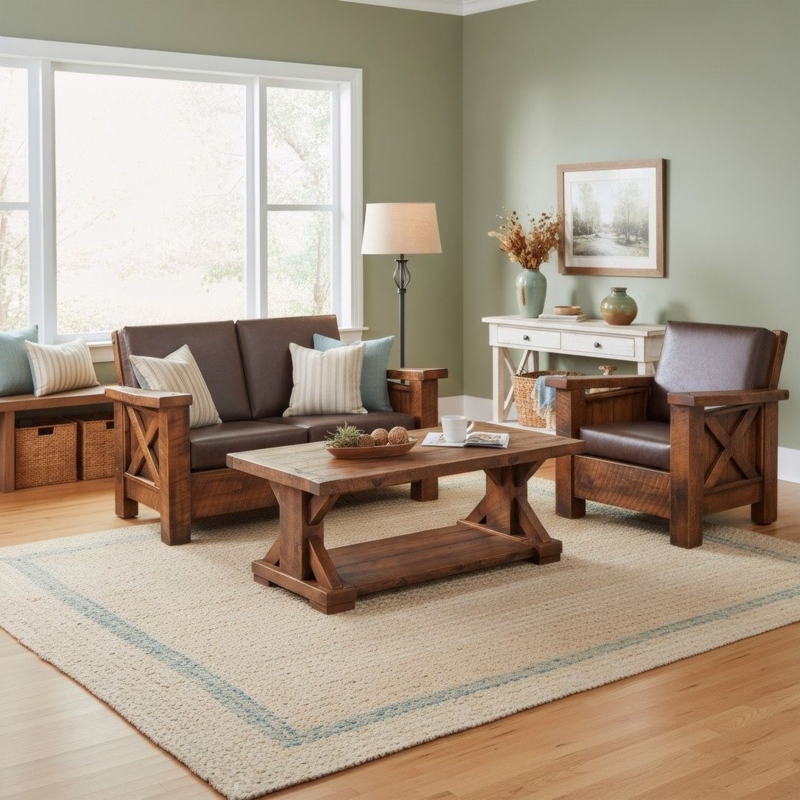 Weathered Gray-Brown Trestle Coffee Table for Rustic Farmhouse Styling