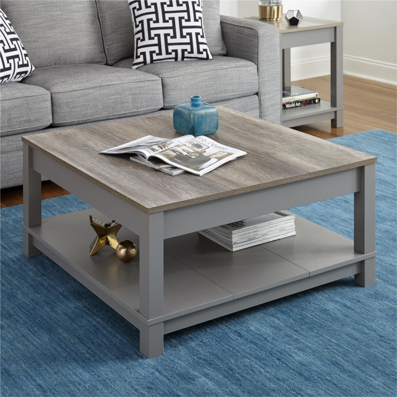 Weathered Gray Coffee Table with X-Side Panels and Lower Storage Shelf