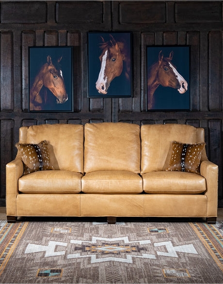 Western Leather Sofa Burnished Gold with Embossed Scrollwork